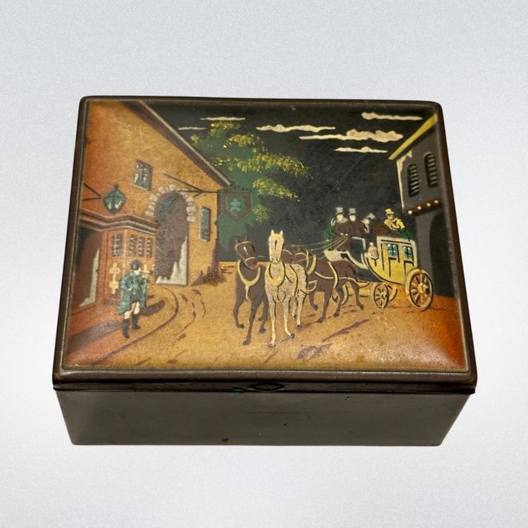 Antique Hand Painted Trinket Box English Stagecoach 4”