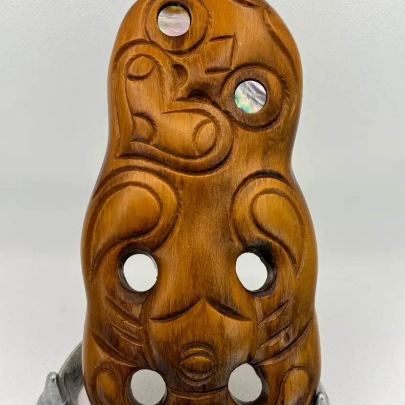 Vintage Māori Ruihana Rotorua Hei Teko Tiki Figurine, First Man, Fertility Sign, Foetus with Abalone Eyes Wall Plaque, Handmade from 30,000 Year Old Timber Kauri Wood, By Māori Carvings, Made in Aotearoa, New Zealand
