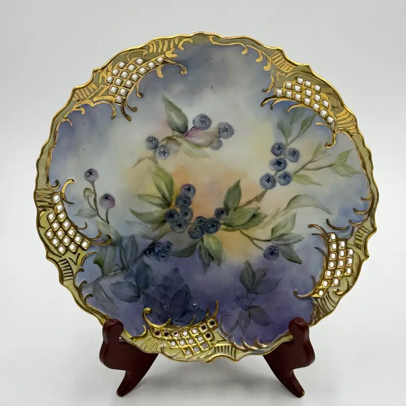 Antique Hand Painted Porcelain Cabinet 10” Plate Blueberries Gold Reticulated