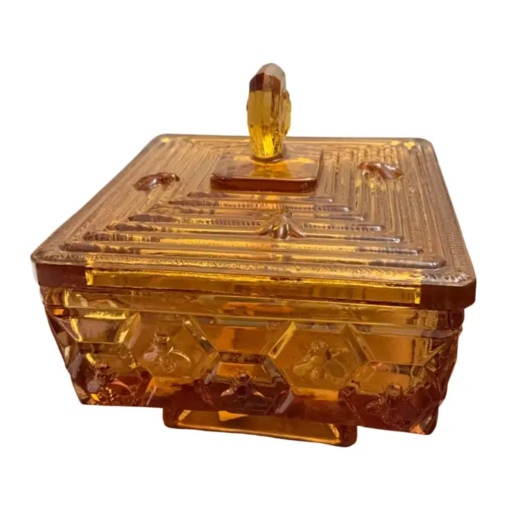 Fenton Vintage Pedestal Amber Colored Honey Bee Box 5”x 4.5”