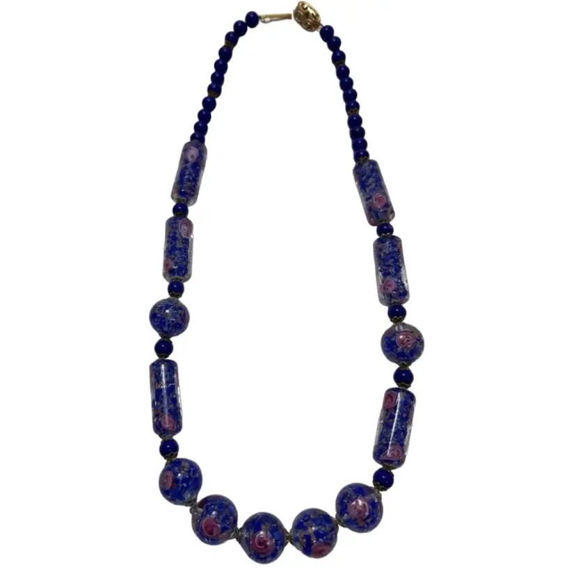Vintage Venetian Wedding Cake Glass Bead Necklace Cobalt Blue Pink Roses Gold Aventurine