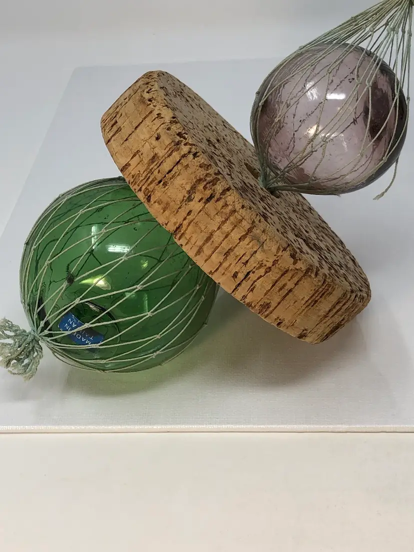 Double Glass Fishing Float with Cork Purple and Green Blown Glass