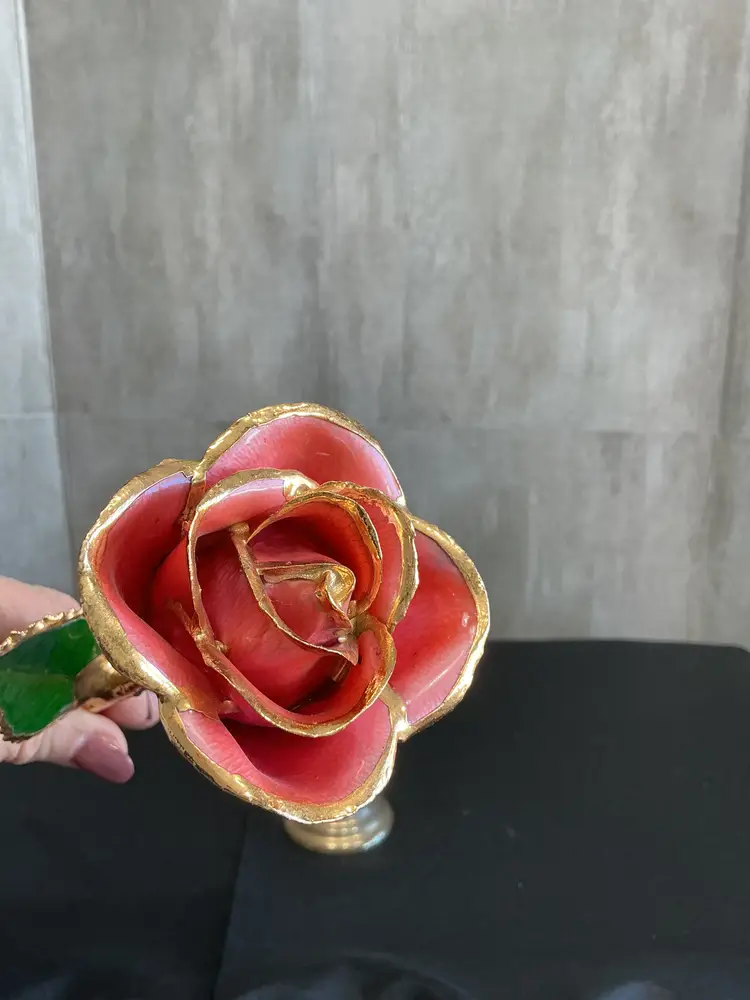 Handcrafted enameled long stem rose pink with green leaves and 24k gold trim 1970s-90s