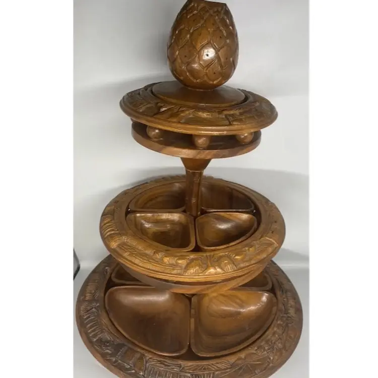 Vintage 3 Tier TIKI Pineapple Hand Carved Monkey Pod Lazy Susan Serving Tray 60s
