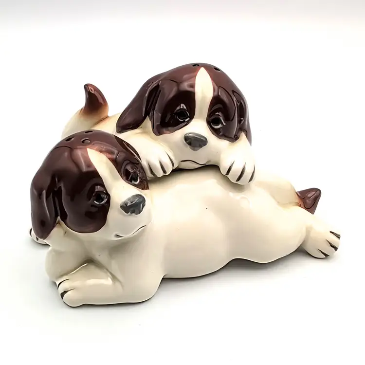 Vintage Quon Quon St. Bernard Cuddling Stacked Salt And Pepper Shakers Japan
