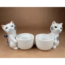 Porcelain Ceramic White Blue Cat Animal Taper Candle Holder Lot of 2 Japan VINTAGE