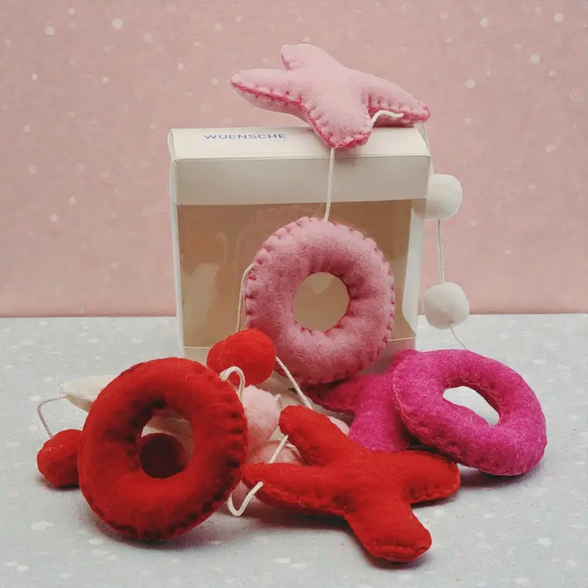 Felted Red Fushia and Pink Xs and Os and Pom Poms Garland 4-foot Valentine Decor