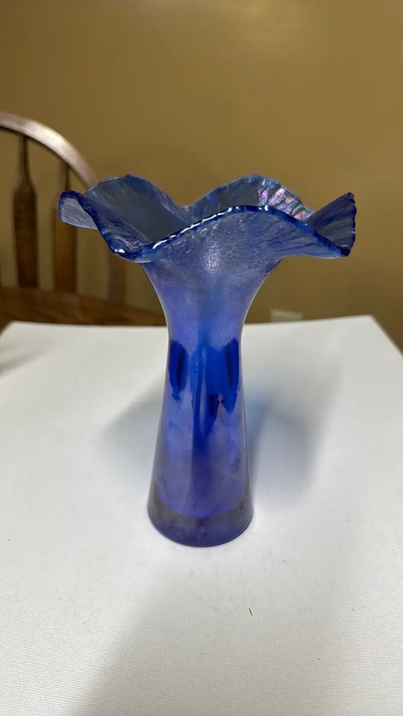 POSCHINGER BLUE IRIDESCENT STRETCH GLASS VASE 7.5” tall signed