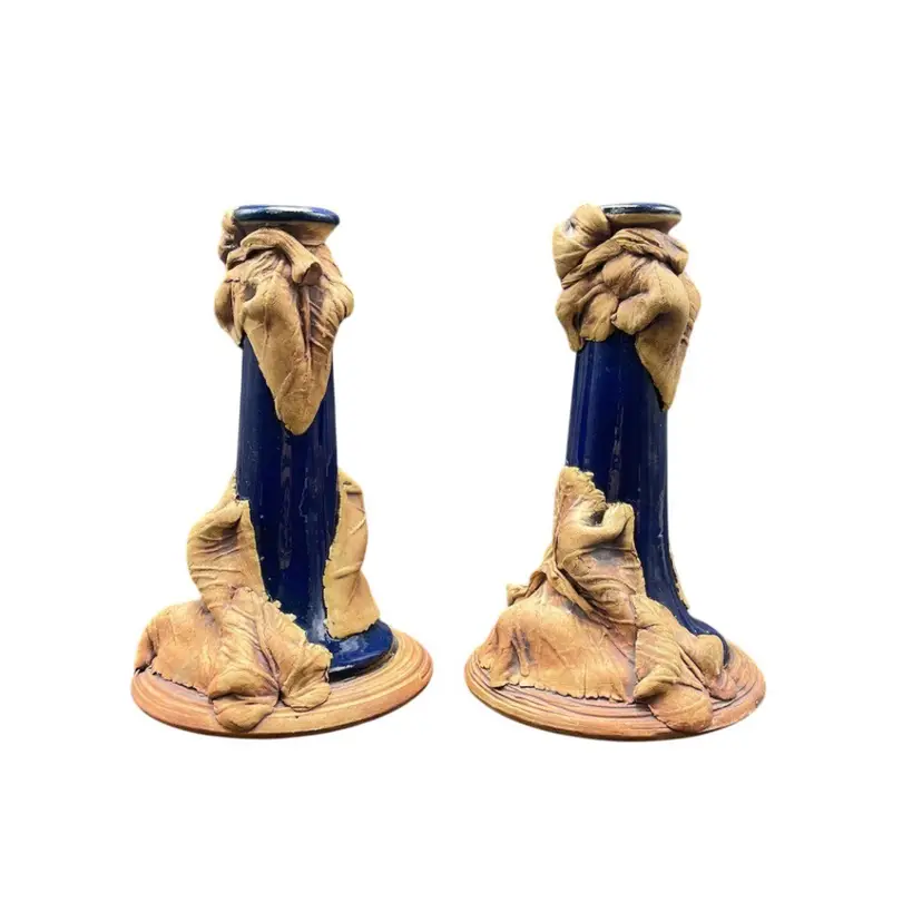 Terrafina Pottery Set of 2 Candlestick Holders Ellen Evans Cobalt Blue Grapevine Fall Decor