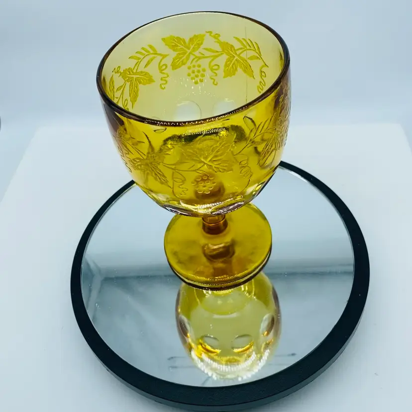 #1303 Vintage Amber Bartlett Collins Embossed Grapevine Thumbprint Golbets Thumb Print Amber Goblet