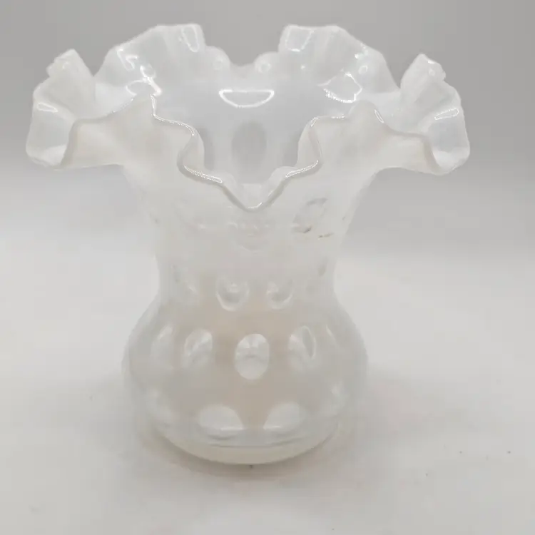 Fenton Vase white Opalescent cased glass double Ruffled edgewhite coin dot 6"