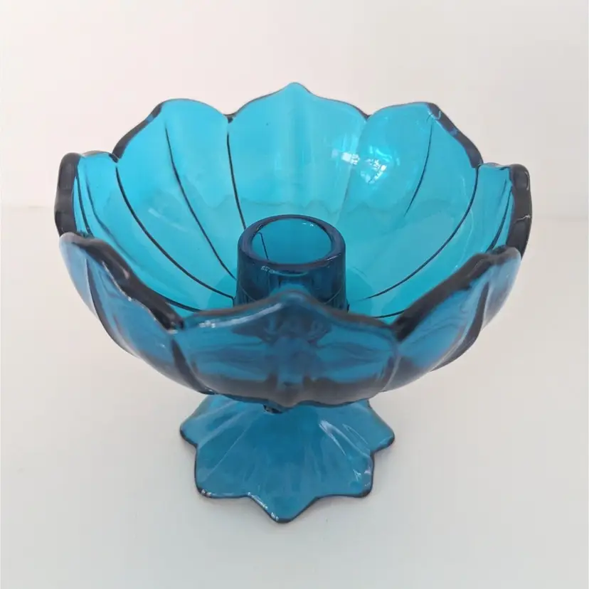 VintageMid Century Blue Glass Pedestal Candle Holder Tulip Shape 4"