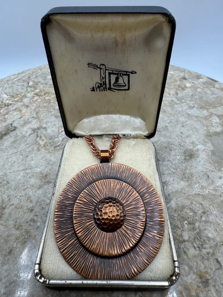 Vintage Hand Made Copper Pendant Necklace Bell Trading Post Hand Signed