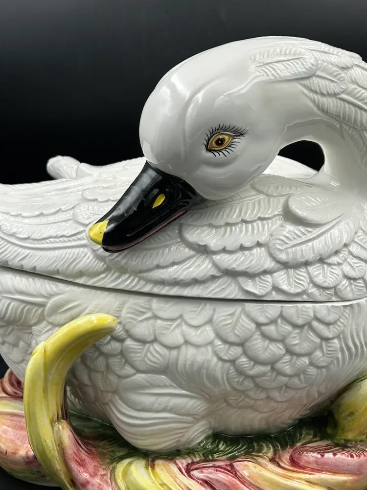 Vintage Italian Majolica White Swan Tureen Complete Original Set With Ladle
