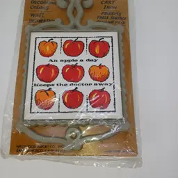 Cast Steel and Ceramic Tile Trivet "An Apple a Day Keeps the Doctor Away" / Rustic Retro Kitchen Tray / 70s Fruit Theme Decor