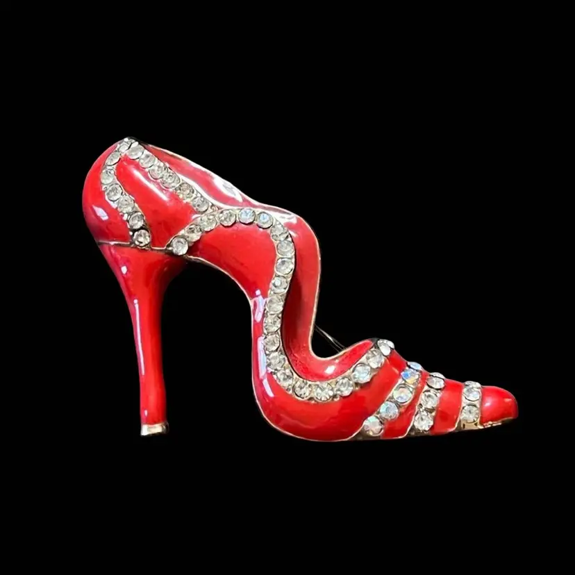 Vintage Red High Heel Shoe Pump Rhinestones Brooch Pin