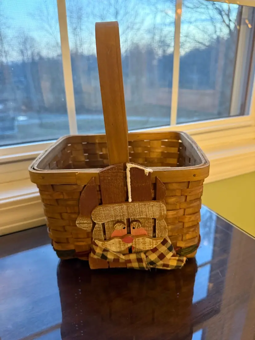 Vintage Santa Face Woven Basket Red Green Country Christmas Decoration 6" Square