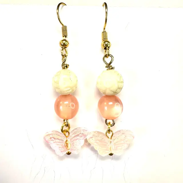 Butterfly Light Pink Glass Charm Glass Plastic Accent Beads Gold Tone Handmade Dangle Earrings 1.75”L Made By Me