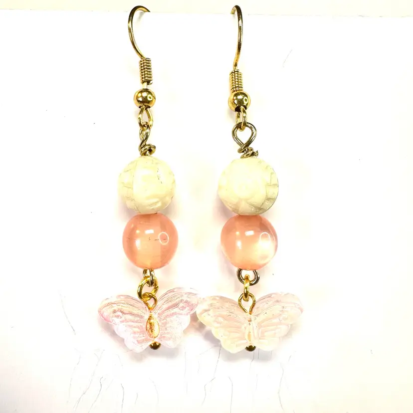 Butterfly Light Pink Glass Charm Glass Plastic Accent Beads Gold Tone Handmade Dangle Earrings 1.75”L Made By Me