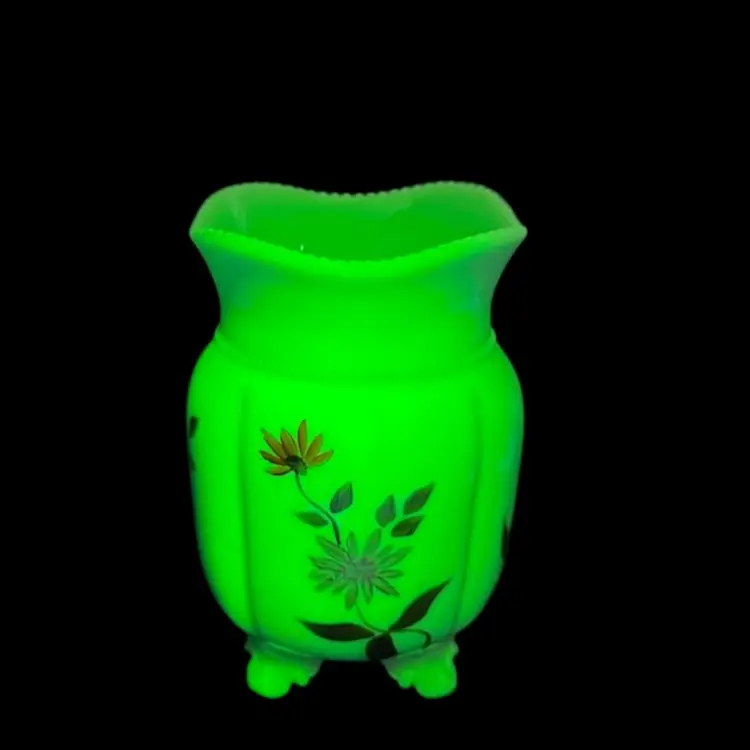 Antique EAPG Celery Vase Tarentum Glass Company Green Uranium Custard Glass Hand Painted Flowers Circa 1900 Glows READ
6” T x 4.1/2” W