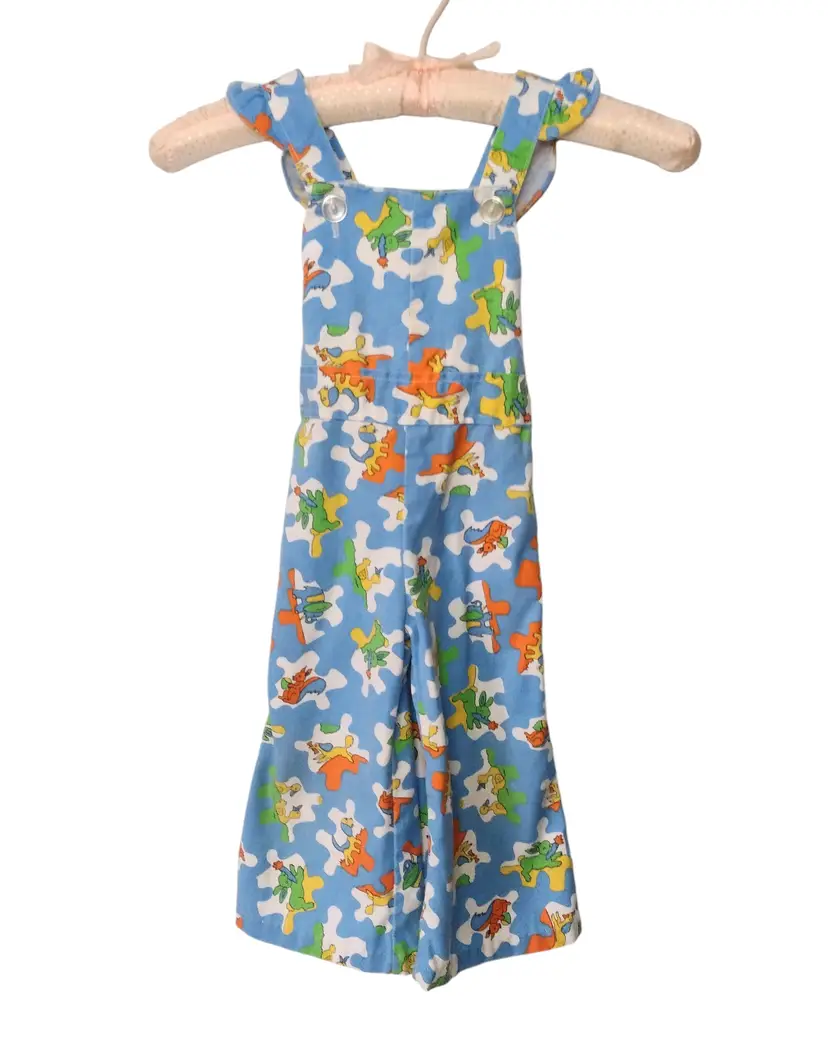 Vtg Jigsaw Puzzle Animals Canvas Overalls Girls Size 2 Flare Legs Ruffle Sleeves