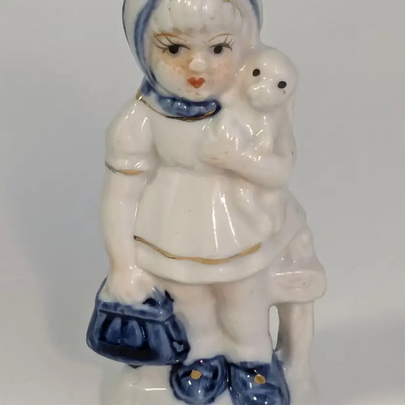 Vintage Fei Worldwide Delft Girl with Puppy Figurine Porcelain  22 Kt Gilded Trim Netherlands