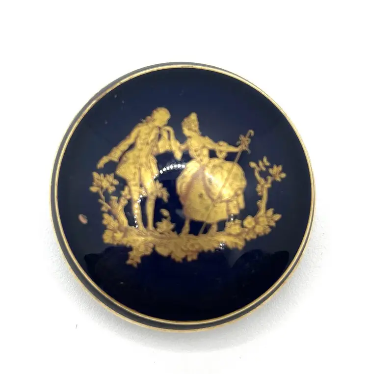 Vintage Limoges France Round Porcelain Trinket , Pill , Ring Box Cobalt Blue Gold 2”