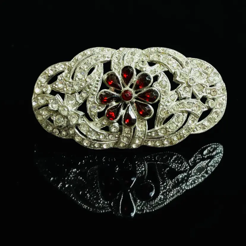 Antique Art Deco Pot Metal Red & Clear Rhinestone Brooch 2.5” x 1.25”