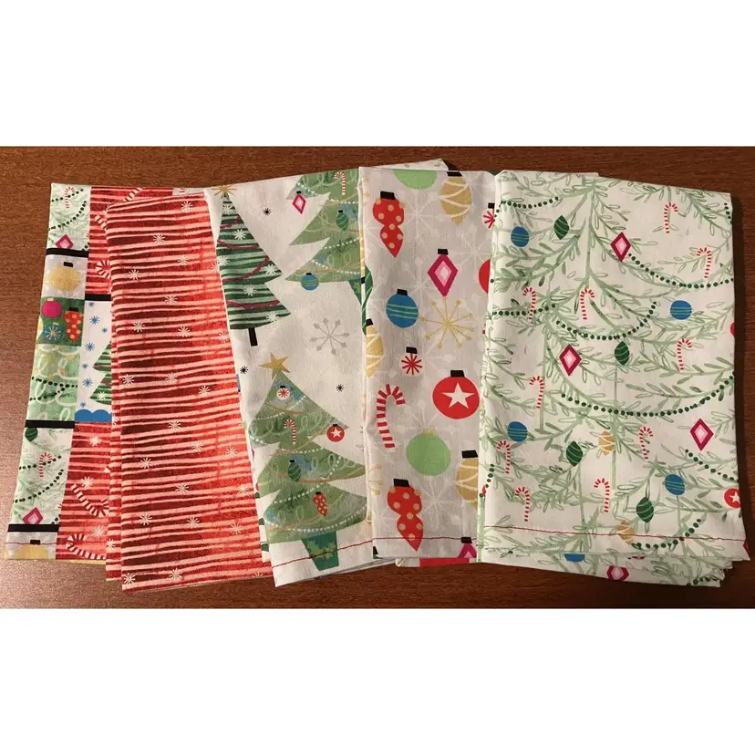 5 Hand Made Christmas Holiday Cotton Napkins Red Tree Red Stitch