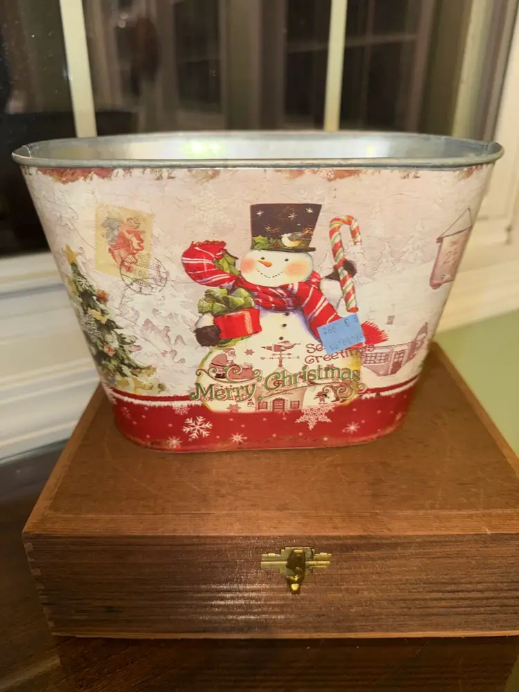 Festive Snowman galvanized tin/ Basket Winter Decor Christmas