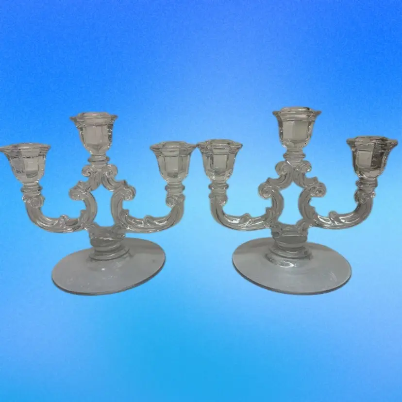 Fostoria Lafayette Triple Arm Light Candlestick Candelabra Candle Holders Pair