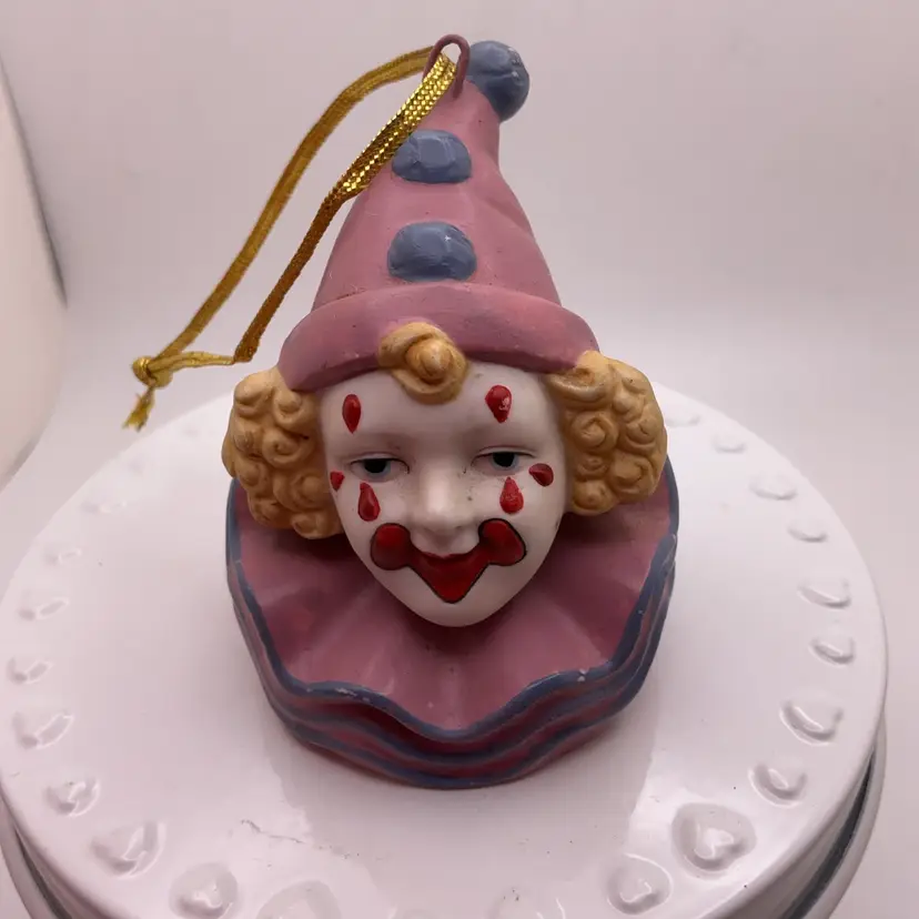 POW4 Clown Head Holiday Ornament 2.5" Enesco 1985 Ceramic