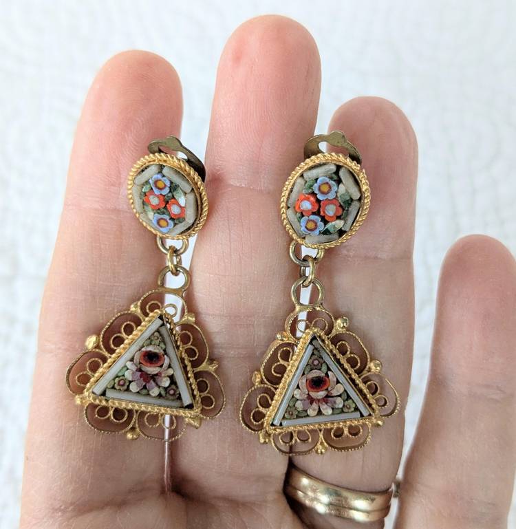 Vintage Italian Dangly Micro Mosaic Clip On Earrings with Gold Filigree Edging