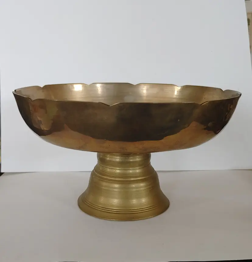 Large Brass Pedestal Bowl. Scalloped edge. 9 inch diameter. 5 inches high.