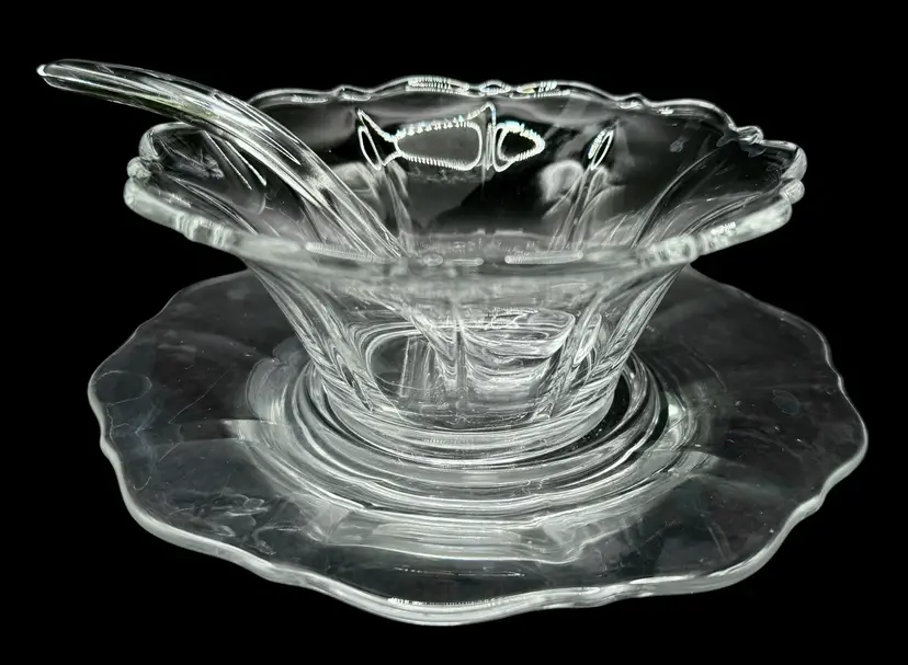 Vintage 3 Piece Clear Glass Condiment Set Bowl Spoon Plate Scalloped