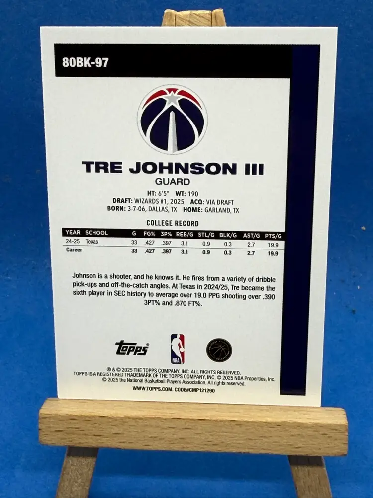 2025-26 Topps Tre Johnson III RC 45th Anniversary Silver Foil Washington Wizards A89