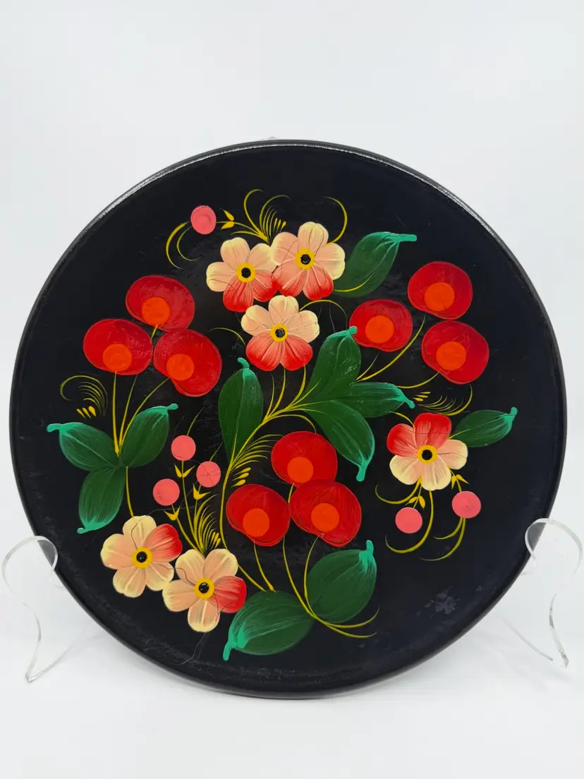Vintage Ukrainian Petrykivka Handpainted Floral  Black Lacquer Wood Wall Plate