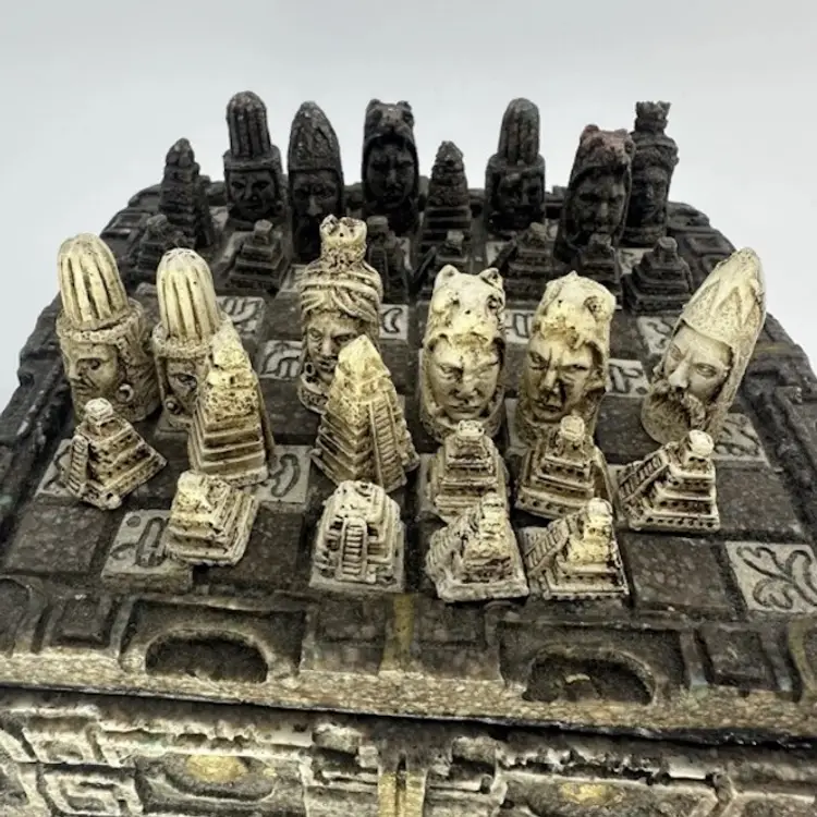 Mexican Aztec Chess Game Carved Set (1 Pc Missing)