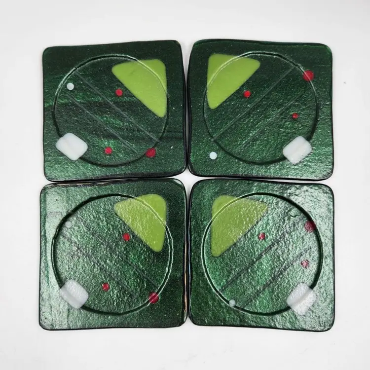 Dichroic Fused Art Glass Iridescent Metallic Green Glass Christmas Coasters