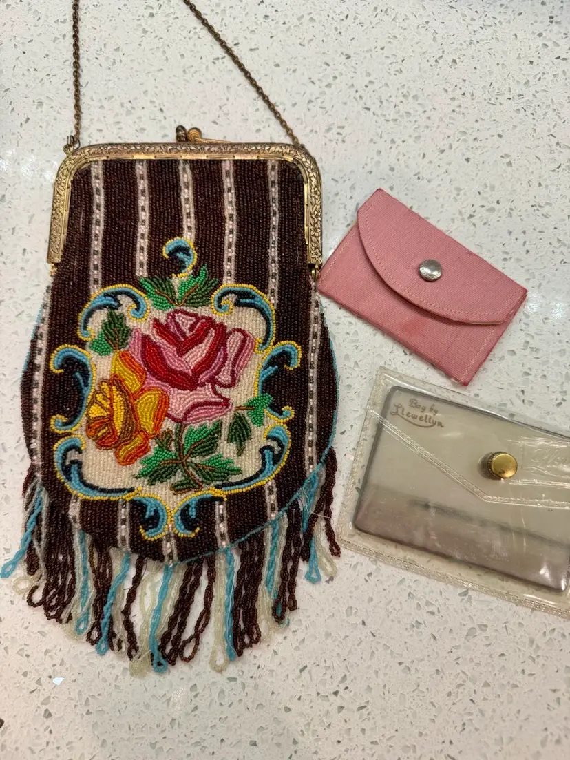 Vintage, floral-patterned, beaded purse w/attached mirror, additional mirror & fabric coin purse