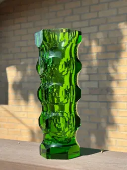 Green Czech glass vase designed by Oldrich Lipsky for Borocrystal Exbor glassworks, Circa 1960s, 8"