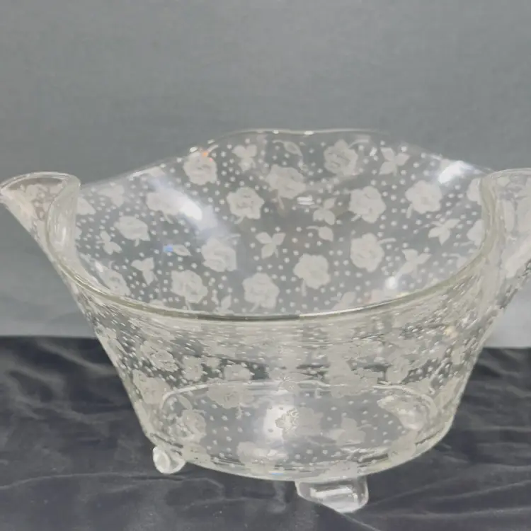 #1290 Vintage Cambridge Rose 3 Wave Top 4 Feet Etched Roses Clear Glass Bowl