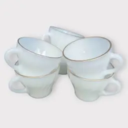 6 Vintage White Milk Glass Swirl Mugs Gold Rim Anchor Hocking Fire King 1960s