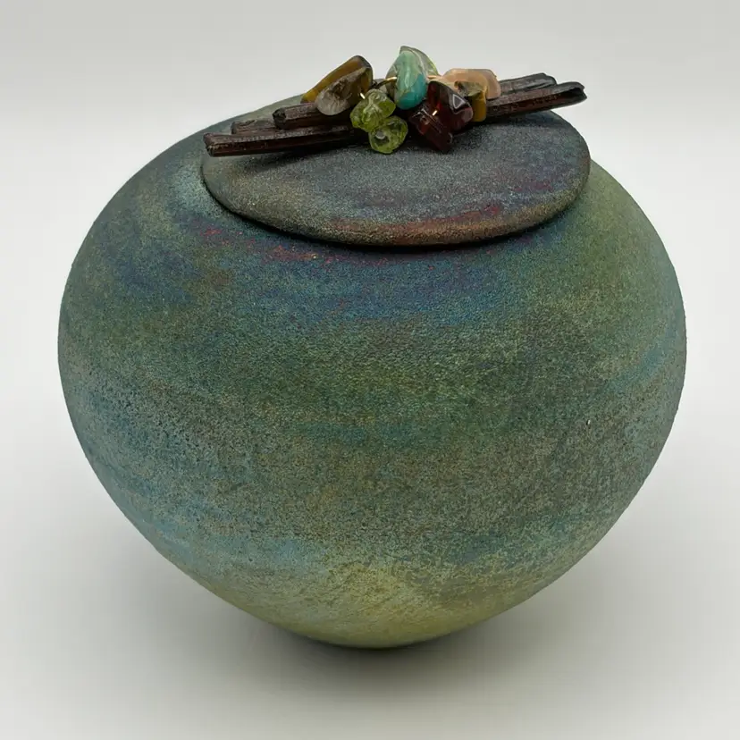 Jeremy Diller, Signed, Mini Raku Pot Dream Jar, Crystals, Studio Art Pottery