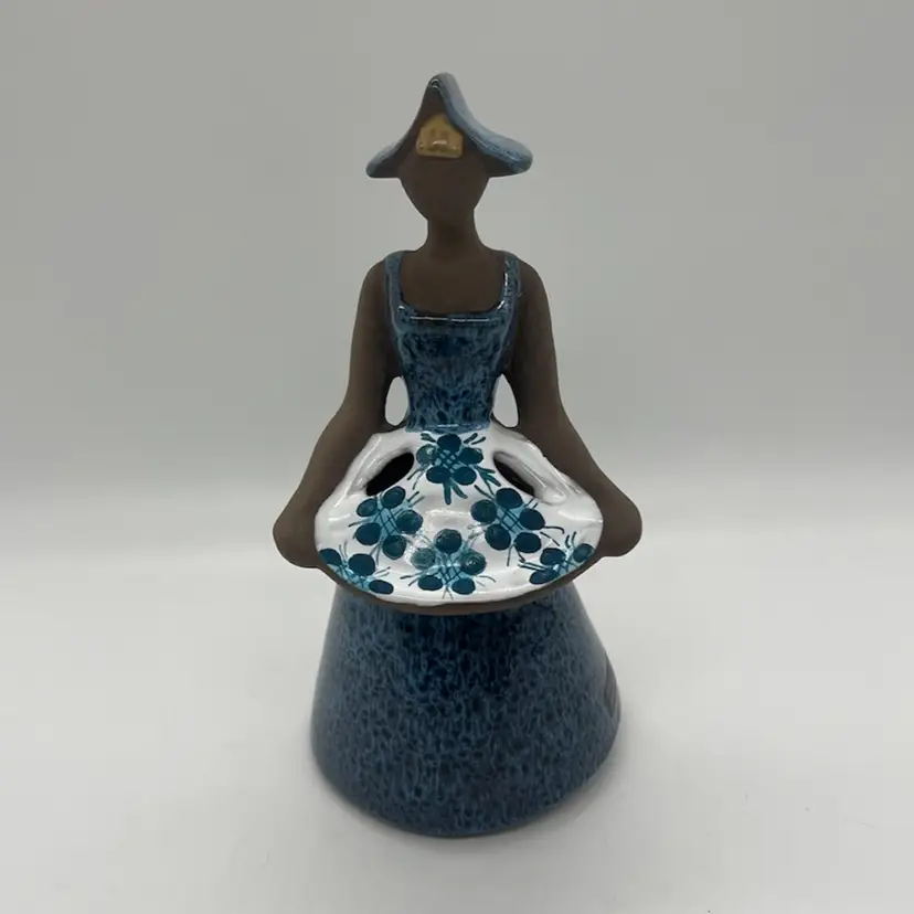 Vintage Ulla Skogh Design Girl With Flower Basket Pottery Vase Flower Frog Sweden Blue Glaze Blonde Hair