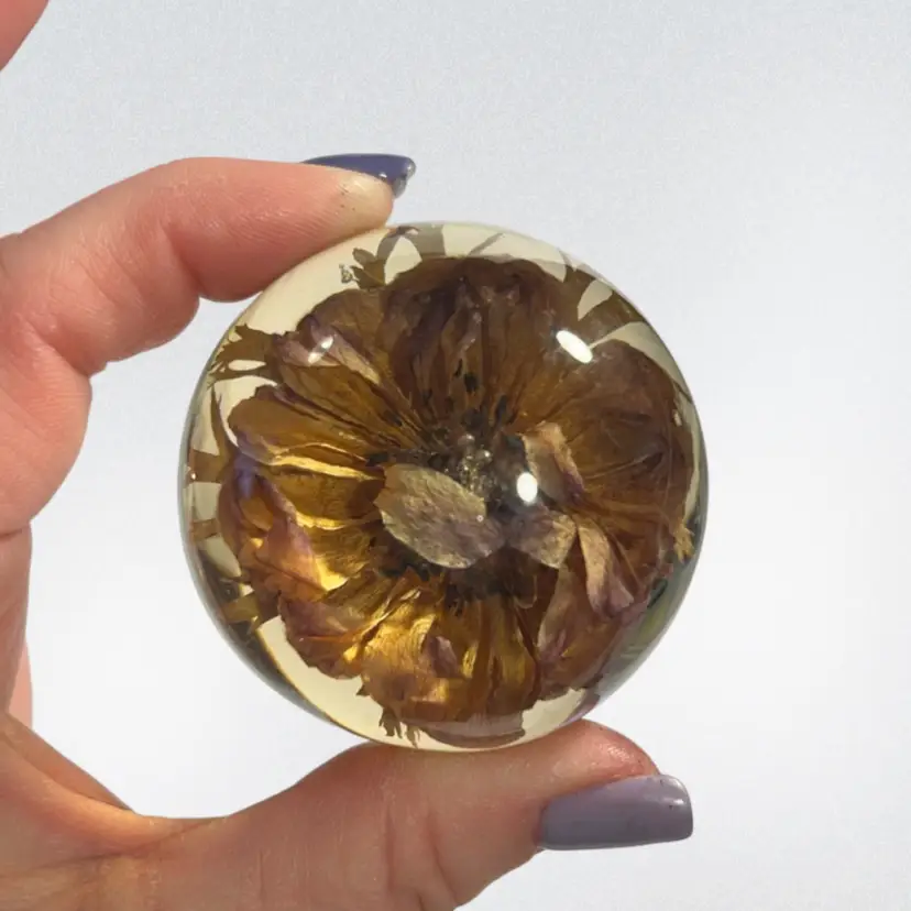 Dried Flower Lucite or Resin Paperweight Signed | 2”
