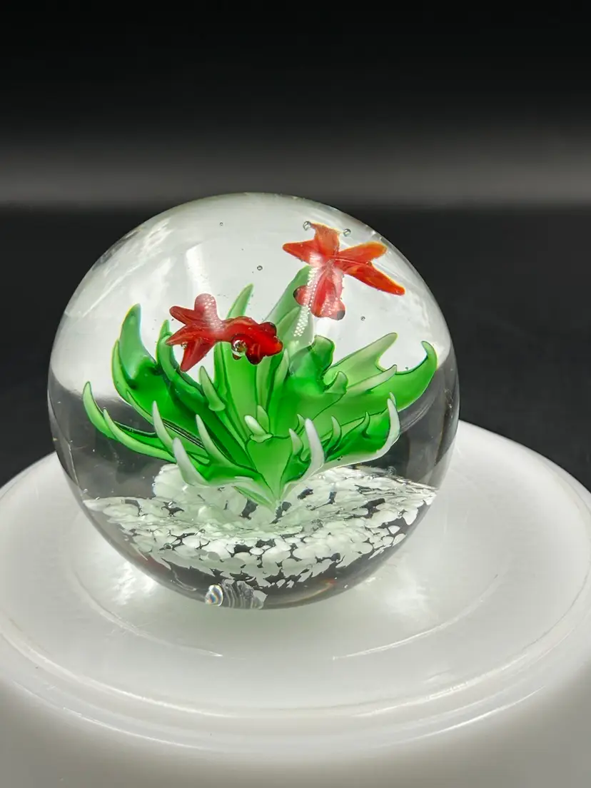 Vintage Handblown Art Glass Koi, Goldfish Under The Water With Green Leaves Paper Weight