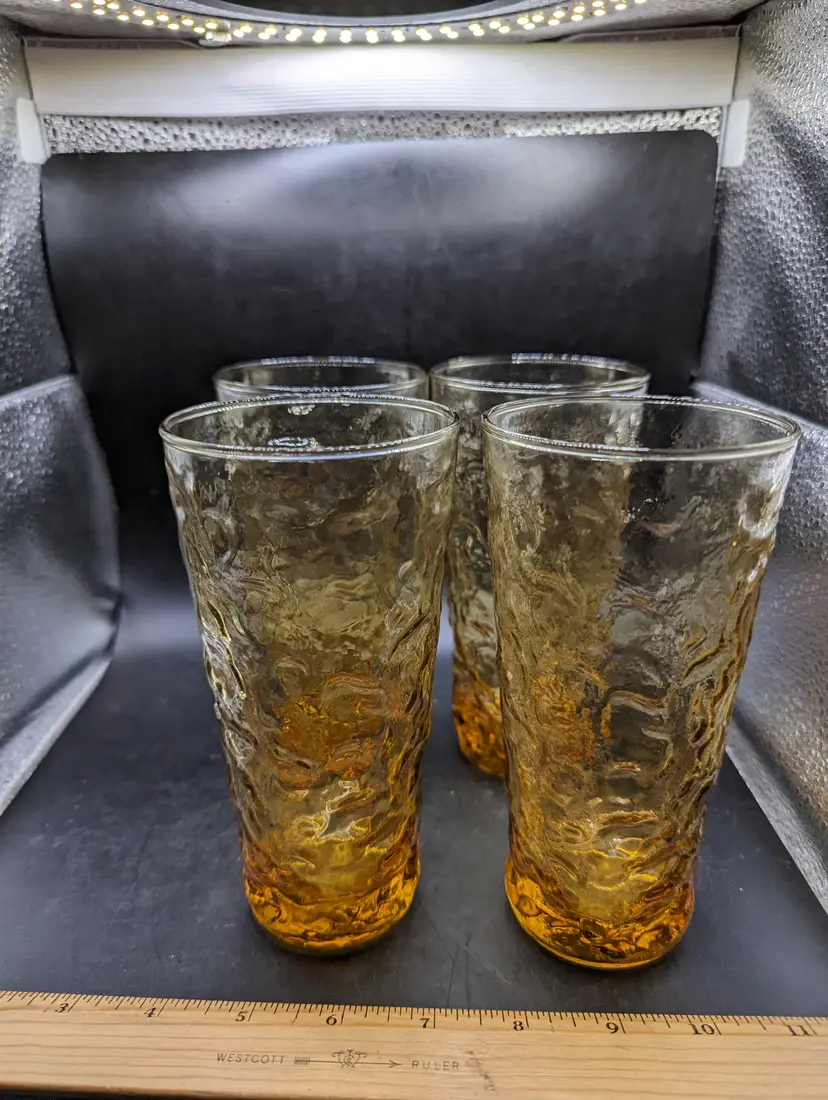 Vintage Set of 4 Anchor Hocking Lido Milano Amber Honey Gold 12 oz Tumbler Glasses.