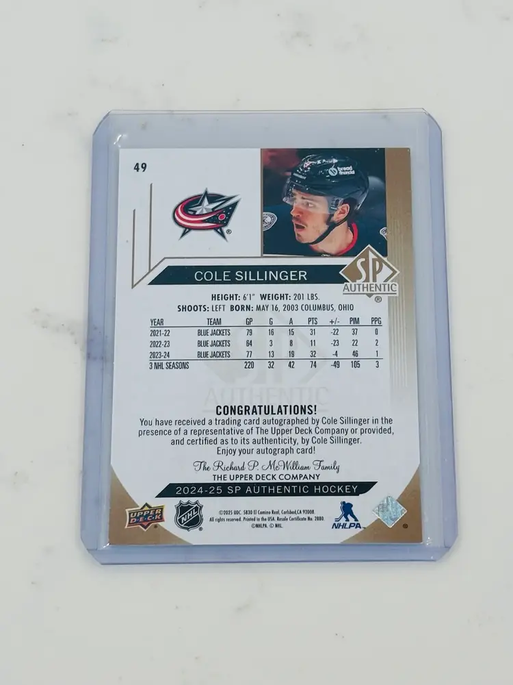 2024-25 Upper Deck SP Authentic Cole Sillinger Limited Auto Bluejackets #49