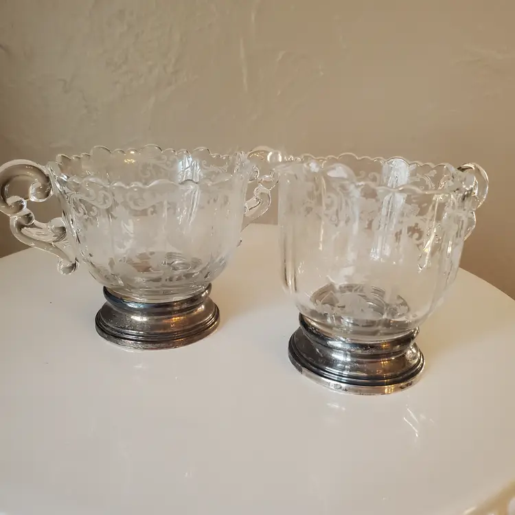 Cambridge Chantilly Glass Sugar and Creamer Set with Sterling Base